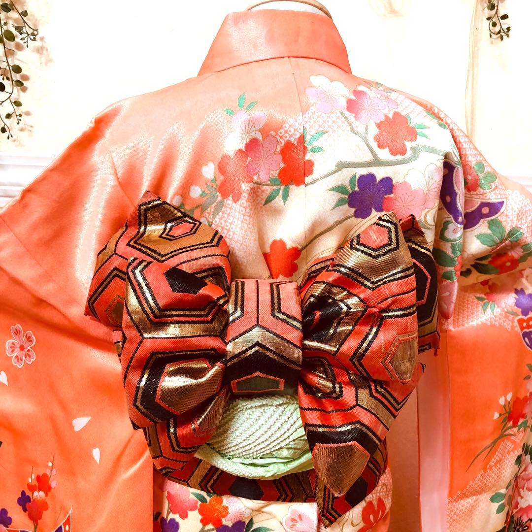 七五三 七歳‼️豪華正絹オレンジ系‼️蝶々花桜菊金彩煌びやか‼️安心フルセット