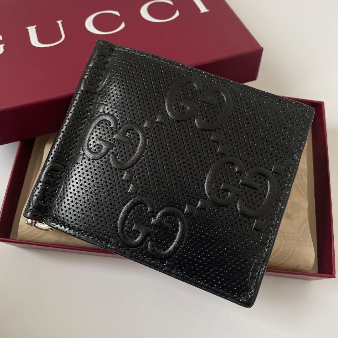 【未使用】グッチ マネークリップ GG エンボス レザー 黒 676656