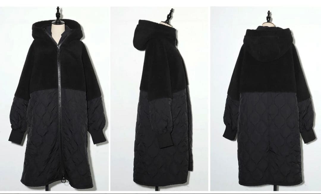 【アンティカ】ビッグファスナー ロングコート レディース　ボアアウター 黒