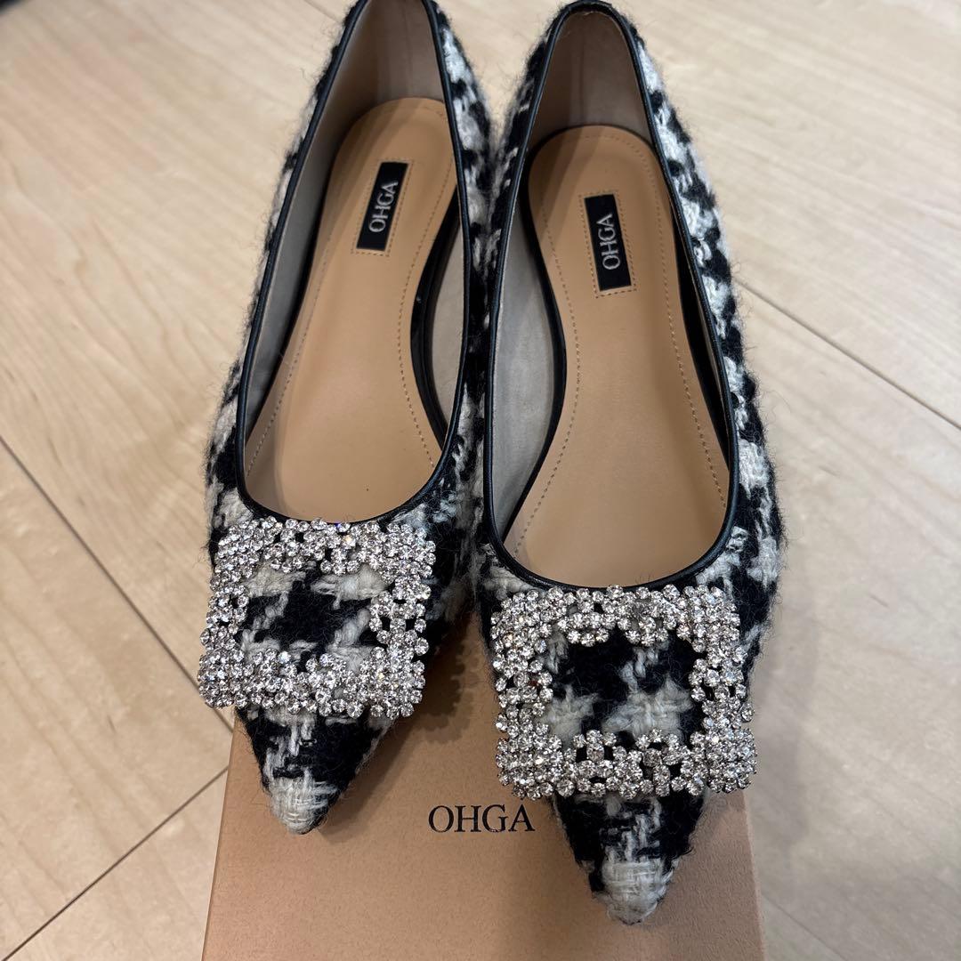 OHGA オオガ　ツイード　千鳥柄　フラットシューズ　ビジュー