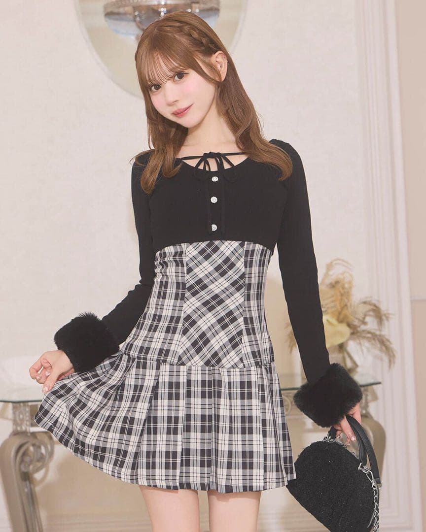 ミシェルマカロン ボレロsetチェックプリーツワンピース xs