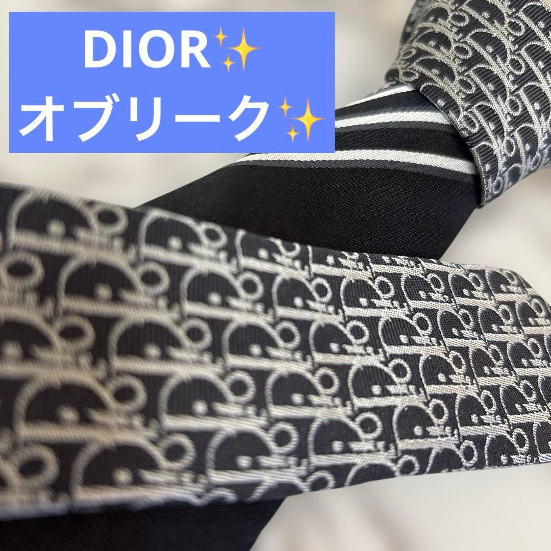 DIOR ネクタイ　ブラック　黒　オブリーク　トロッター　ストライプ　刺繍