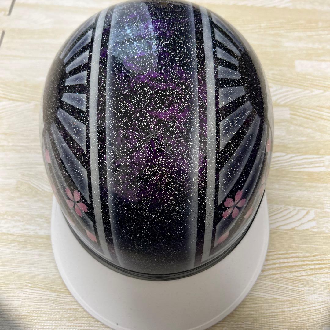 半帽ヘルメット 黒紫グリッター 桜模様