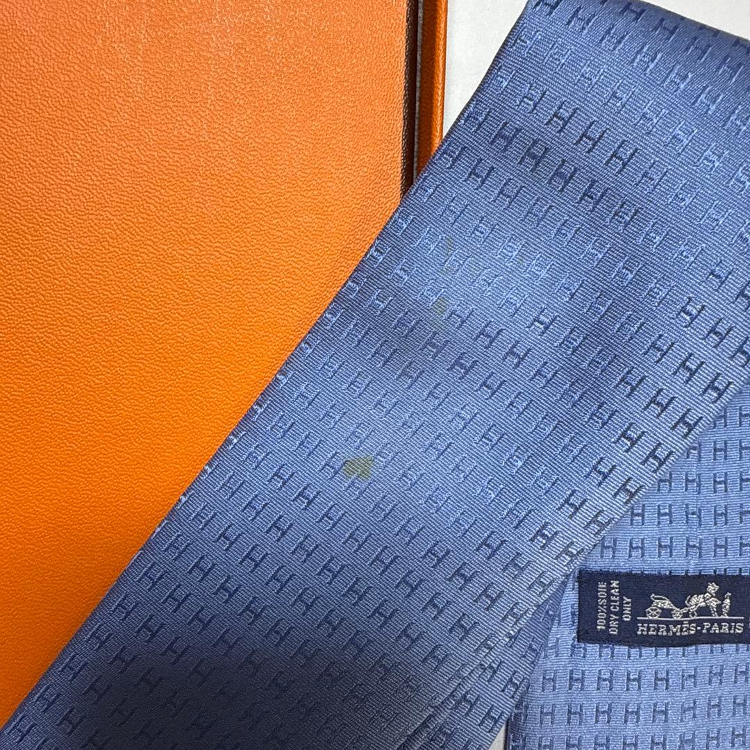 エルメス　ネクタイ　青　H柄H織ファソネ