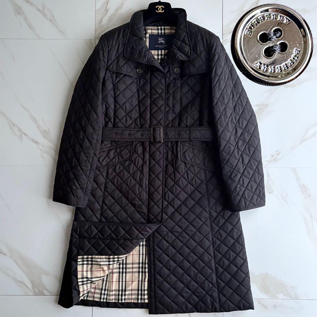 美品◆バーバリーロンドン キルティング ベルト付き ロングコート 黒 Lサイズ