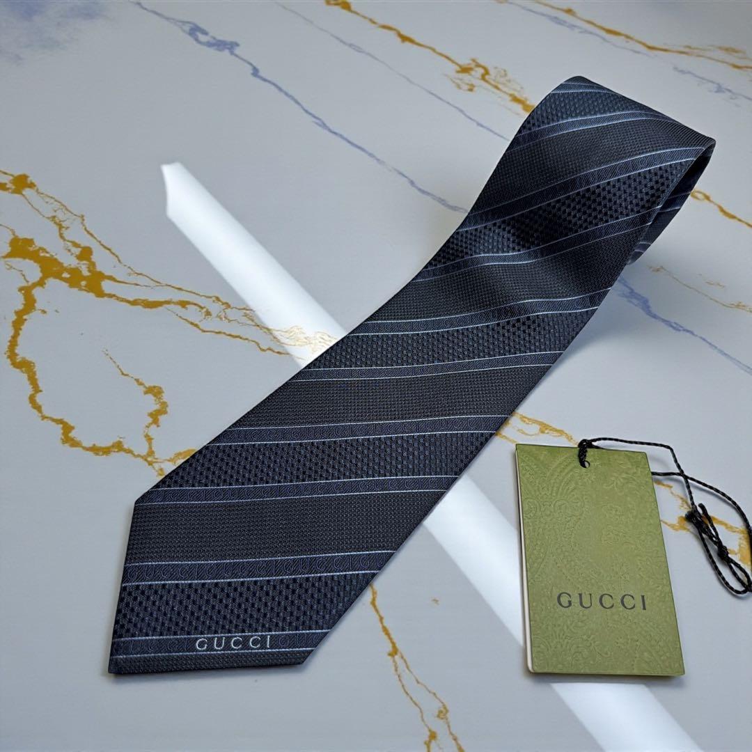 新品未使用 グッチ ネクタイ シルク ネイビー タグ付 袋付 GUCCIロゴ