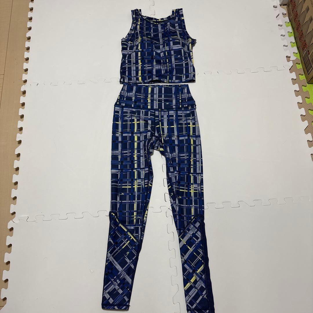 ネイビー チェック柄 ヨガウェアセット