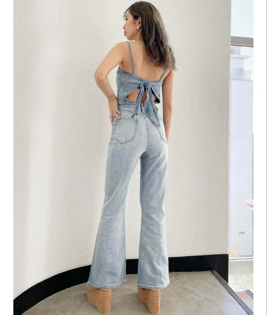 GYDA BACKリボンデニムロンパース S