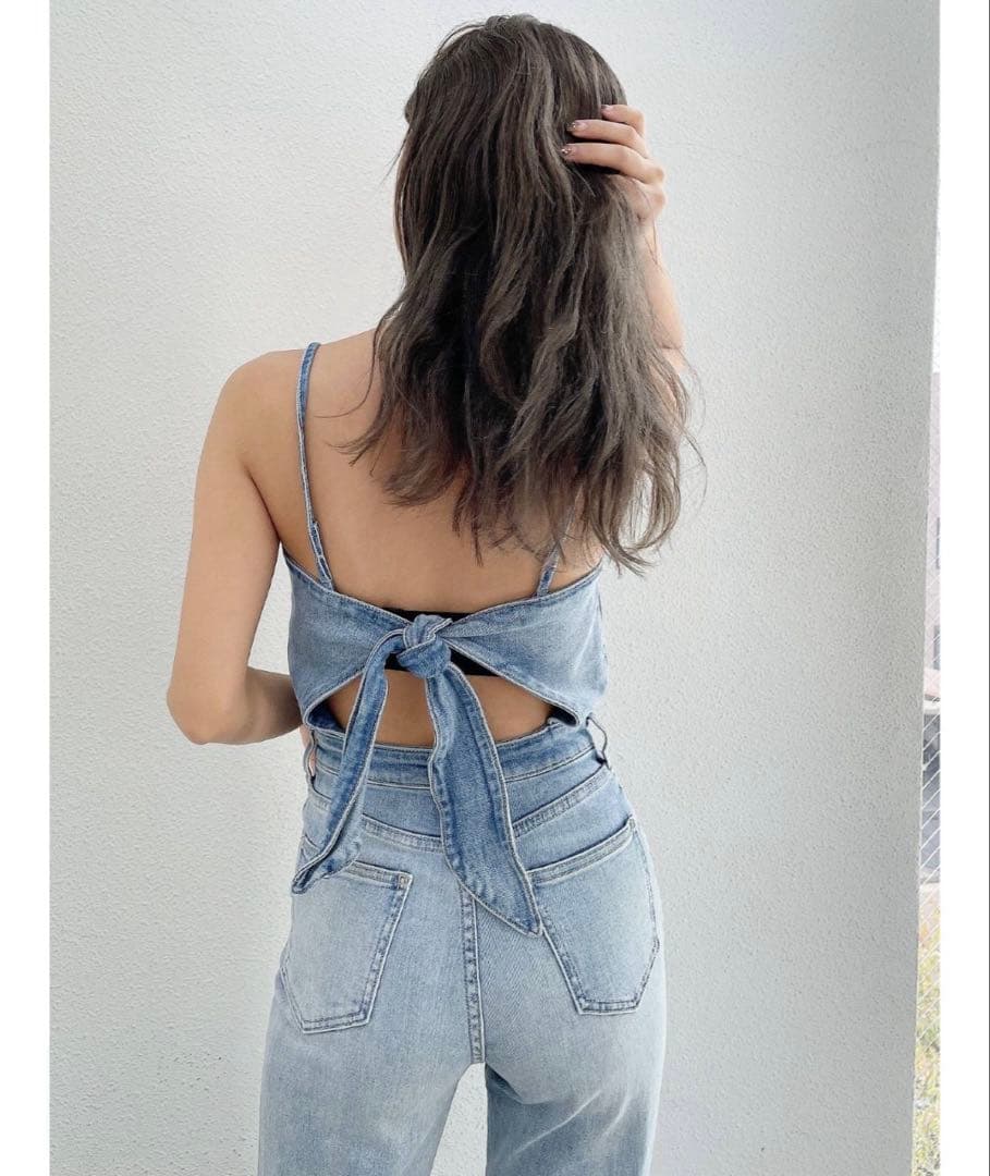 GYDA BACKリボンデニムロンパース S