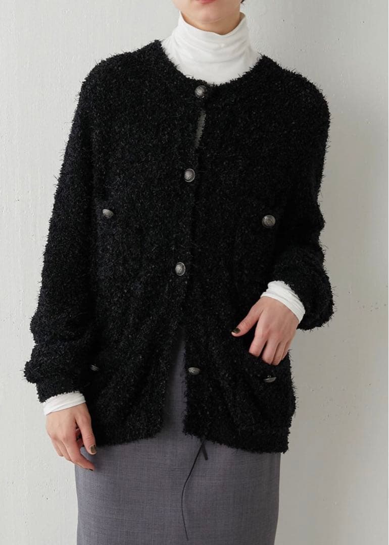 Whim Gazette ニットツイードボタンジャケットカーディガン_黒