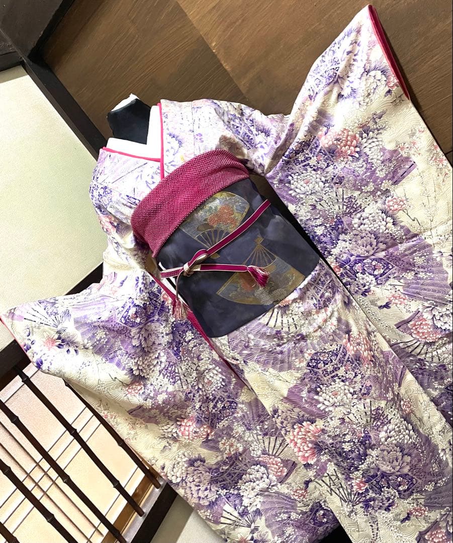 振袖 フルセット6点サイズS〜M 貝桶花文正絹袋帯唐織扇面御所車花文　金銀糸引箔