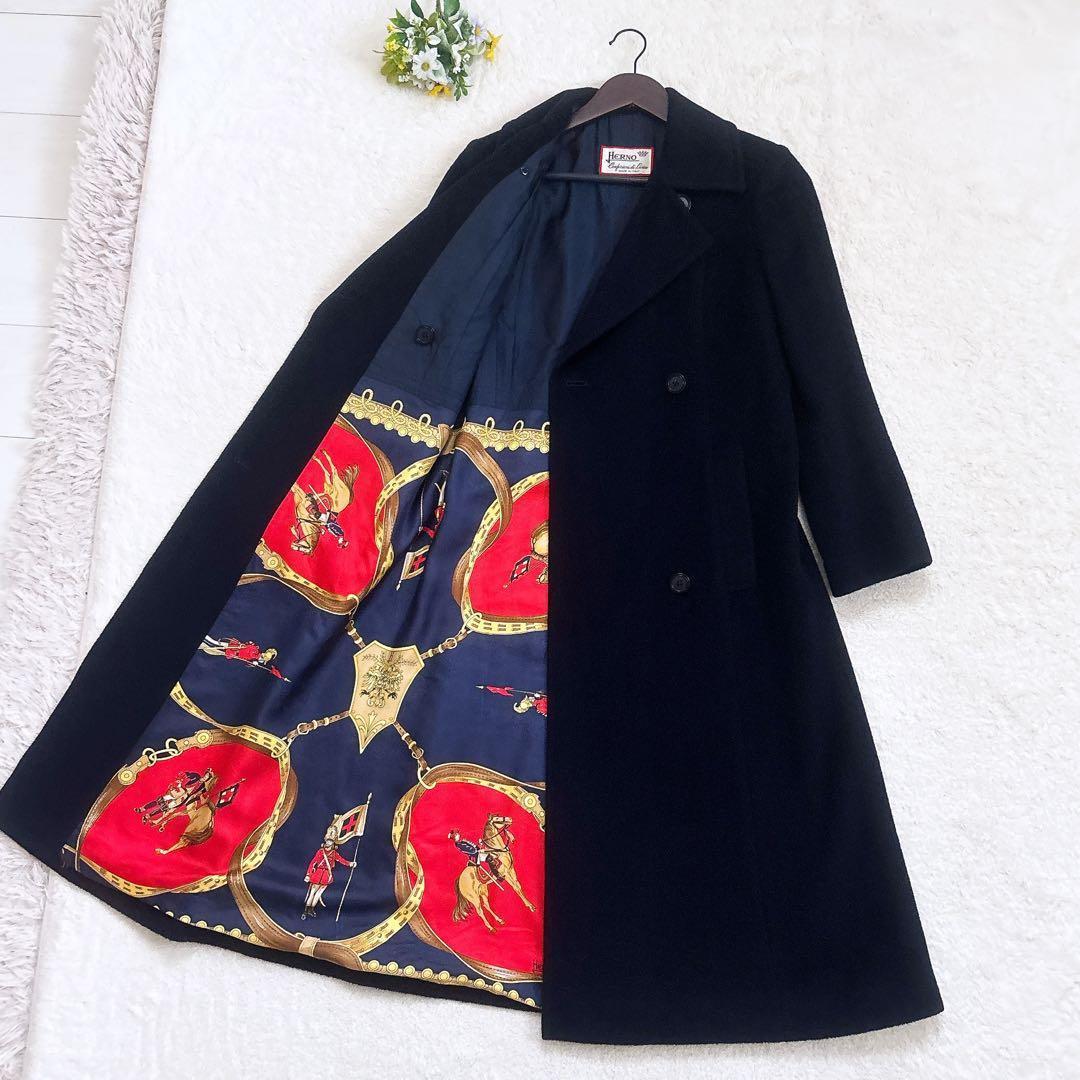 HERNO スカーフ柄 カシミヤ混 ダブル チェスターコート 紺色 F 美品