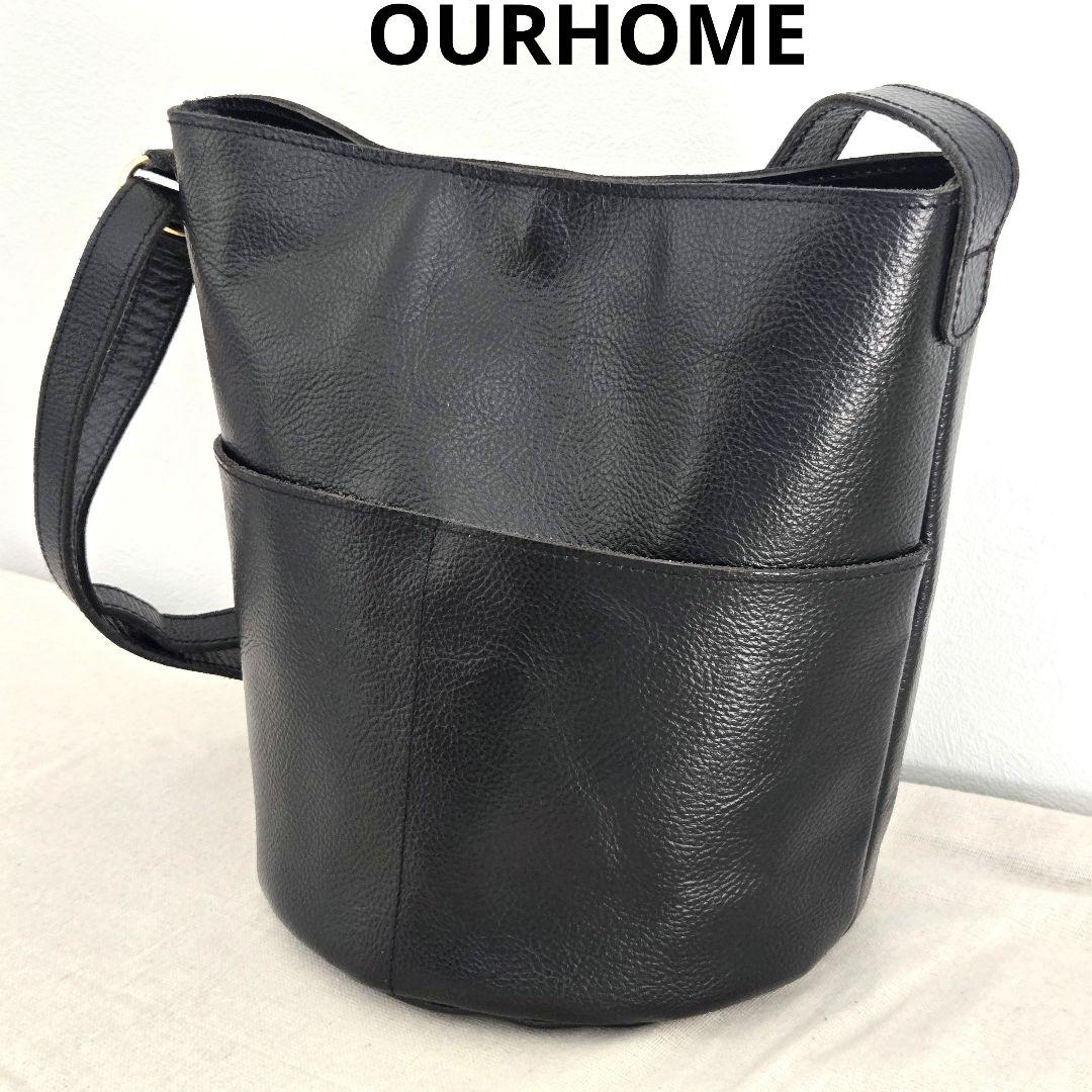 状態良・【OUR】アワーホーム ショルダーバッグ レザー 黒 バケツ型