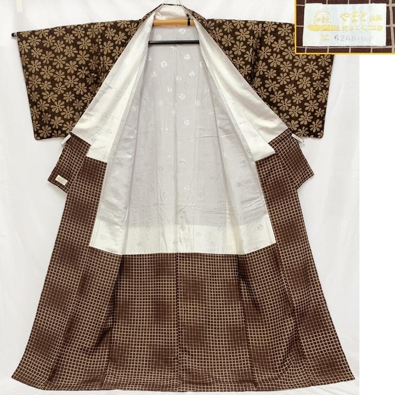 502mk12●きものやまと金ラベル ラメ糸入り 二重織物 紗×御召 濃茶●