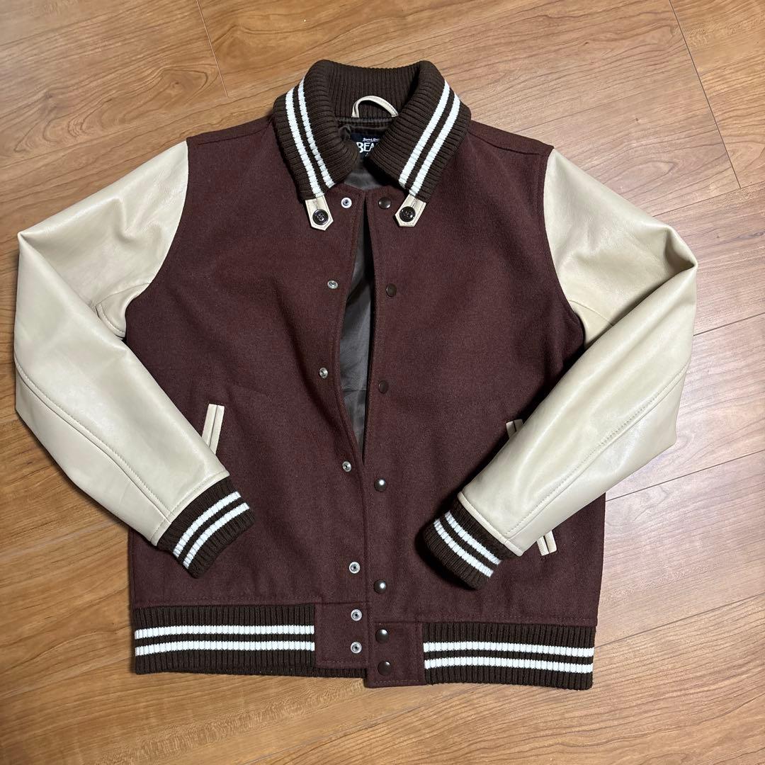 BEAMS / 本革切り替え スタジャン ブラウン×オフホワイト Lサイズ