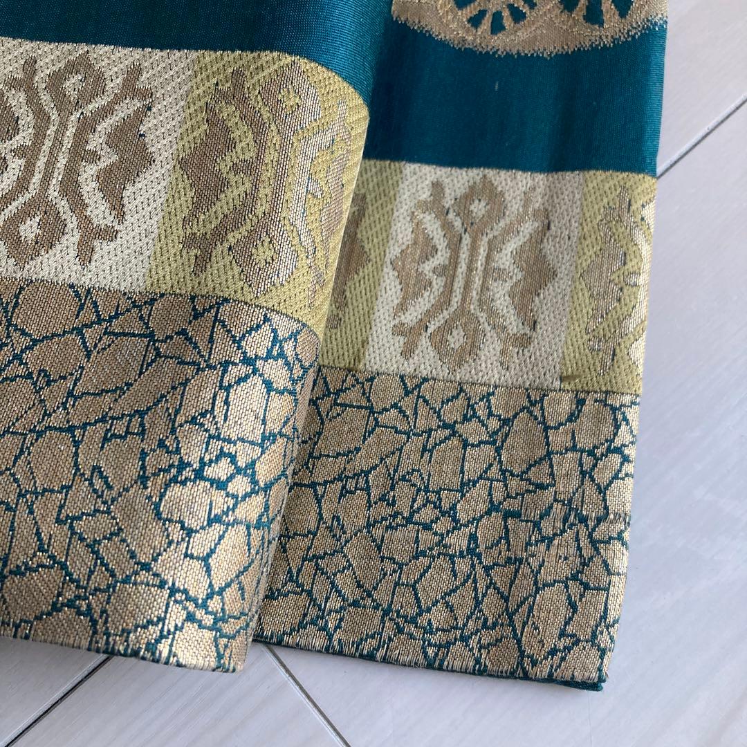 アンティーク名古屋帯　青緑　龍と花模様の織り出し　正絹　大正ロマン　N7-20