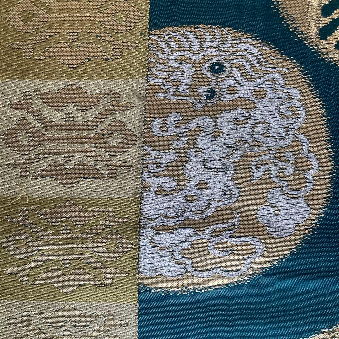 アンティーク名古屋帯　青緑　龍と花模様の織り出し　正絹　大正ロマン　N7-20