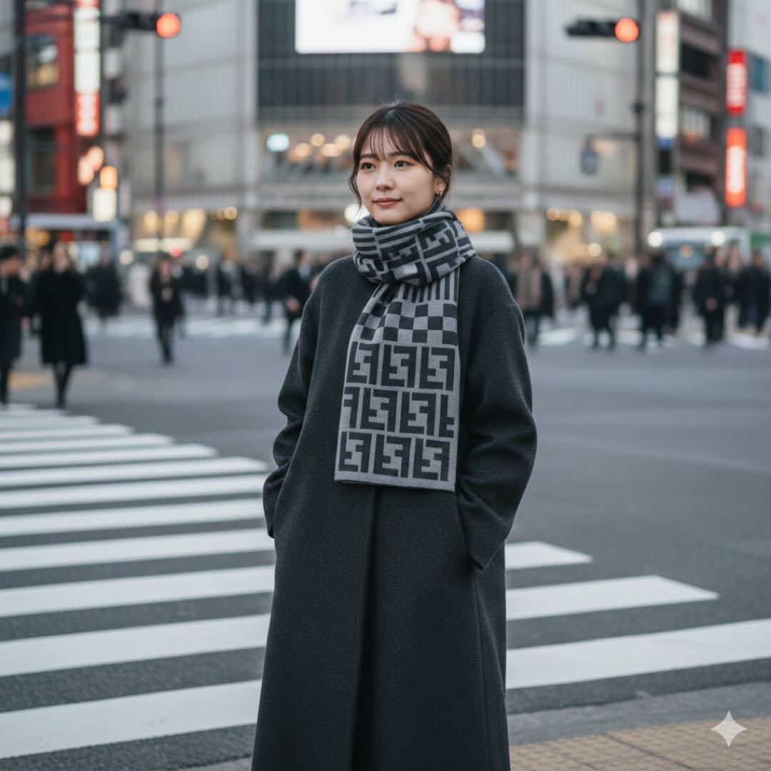 【美品】FENDIグレーのストライプとロゴのズッカ柄マフラー