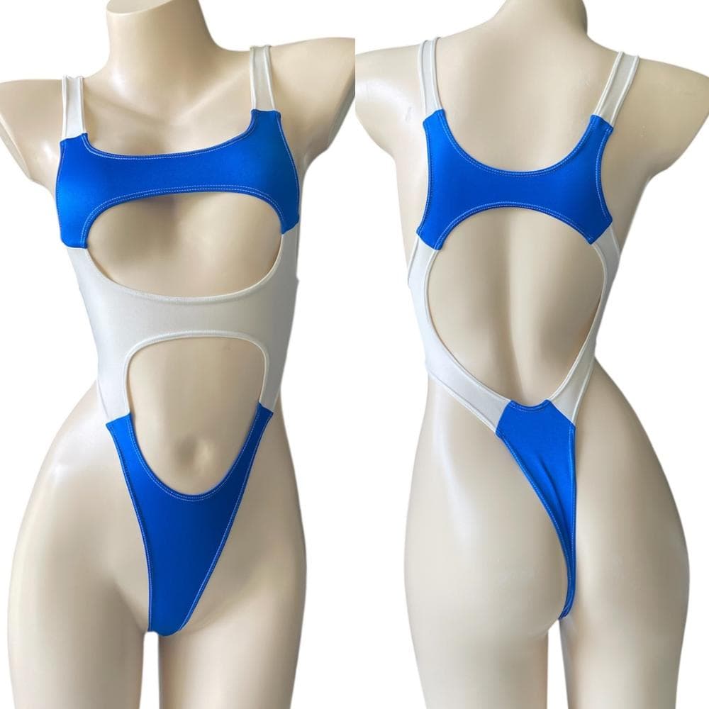 レオタード　ハイレグ　穴あき　パールブルー×シアーホワイト