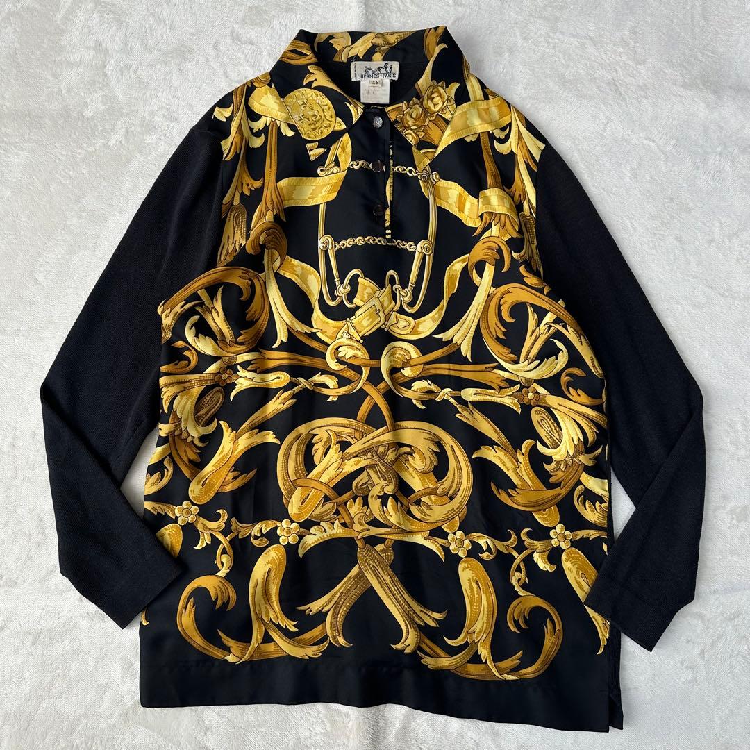 vintage HERMES スカーフ柄 バロック カットソー ポロシャツ 黒