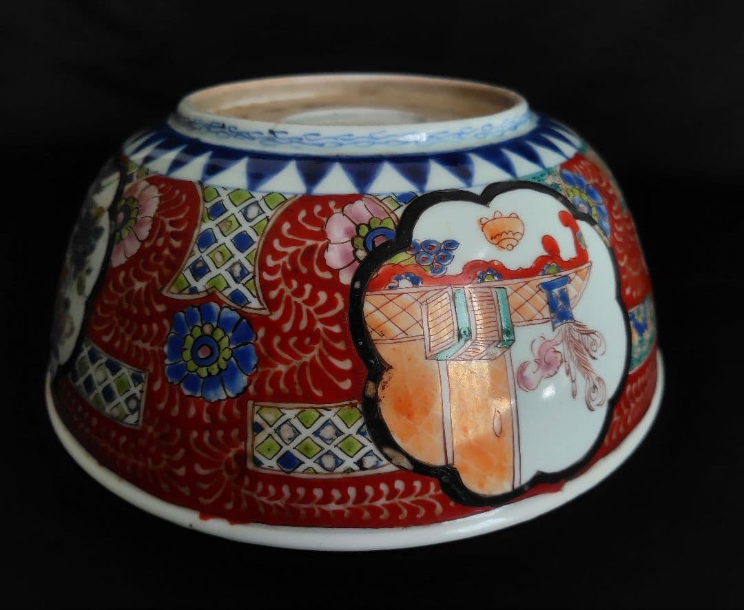 古伊万里　大鉢　赤絵花鳥　直径約24.4cm　二重高台　幕末明治〜　紫陽花　骨董