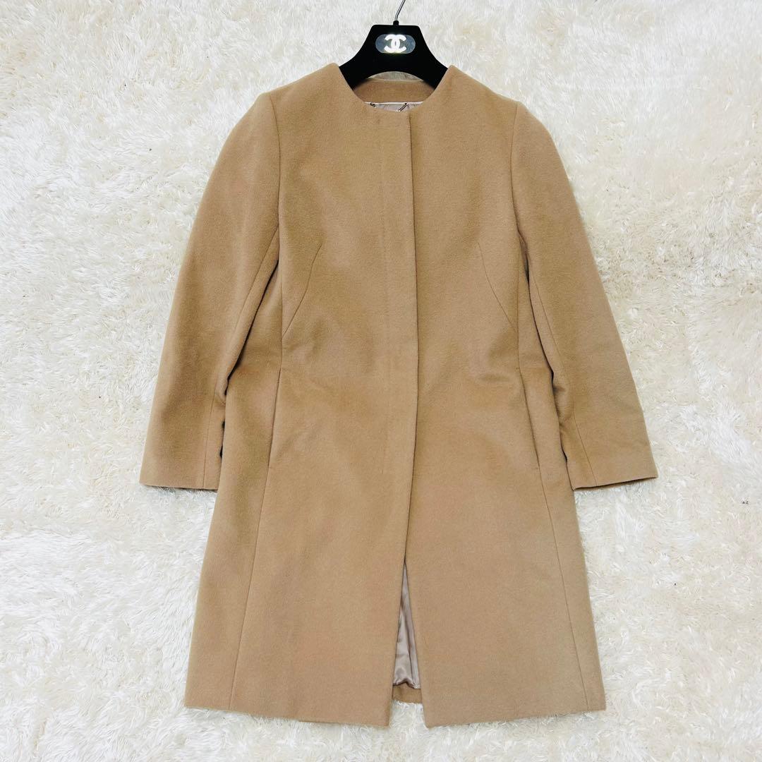 アンタイトル　プレミアムライン　カシミヤ混　ノーカラー　ロングコート グレージュ