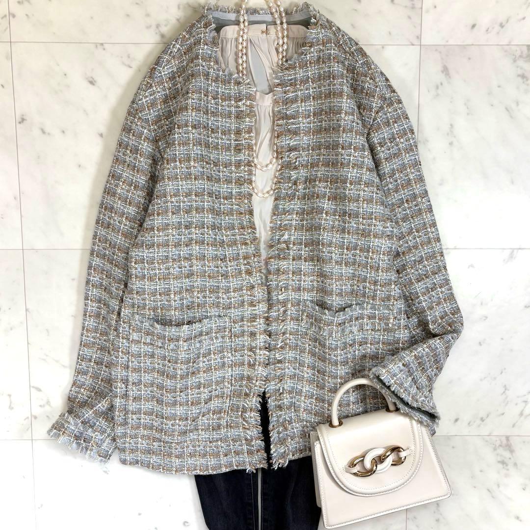 美品 マカフィー トゥモローランド 金子綾 ノーカラーツイードジャケット 大きめ