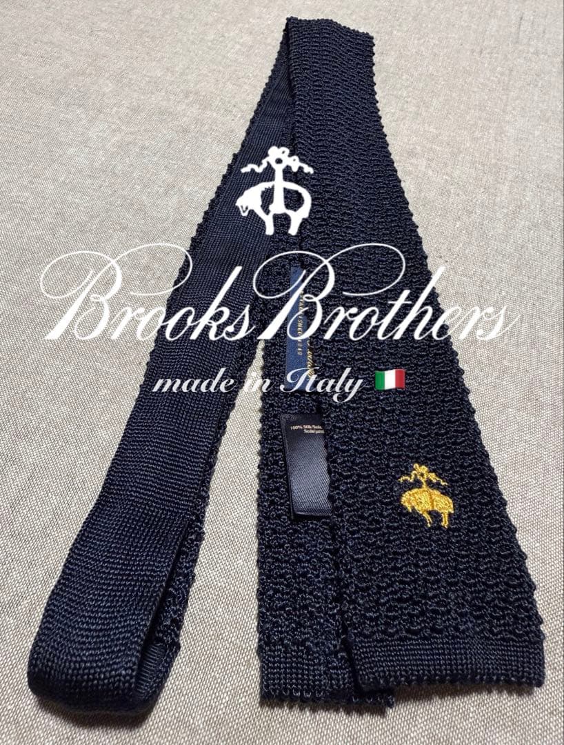 Brooks Brothers／ニットソリッドタイ／ロゴ刺繍／ネイビー／伊製