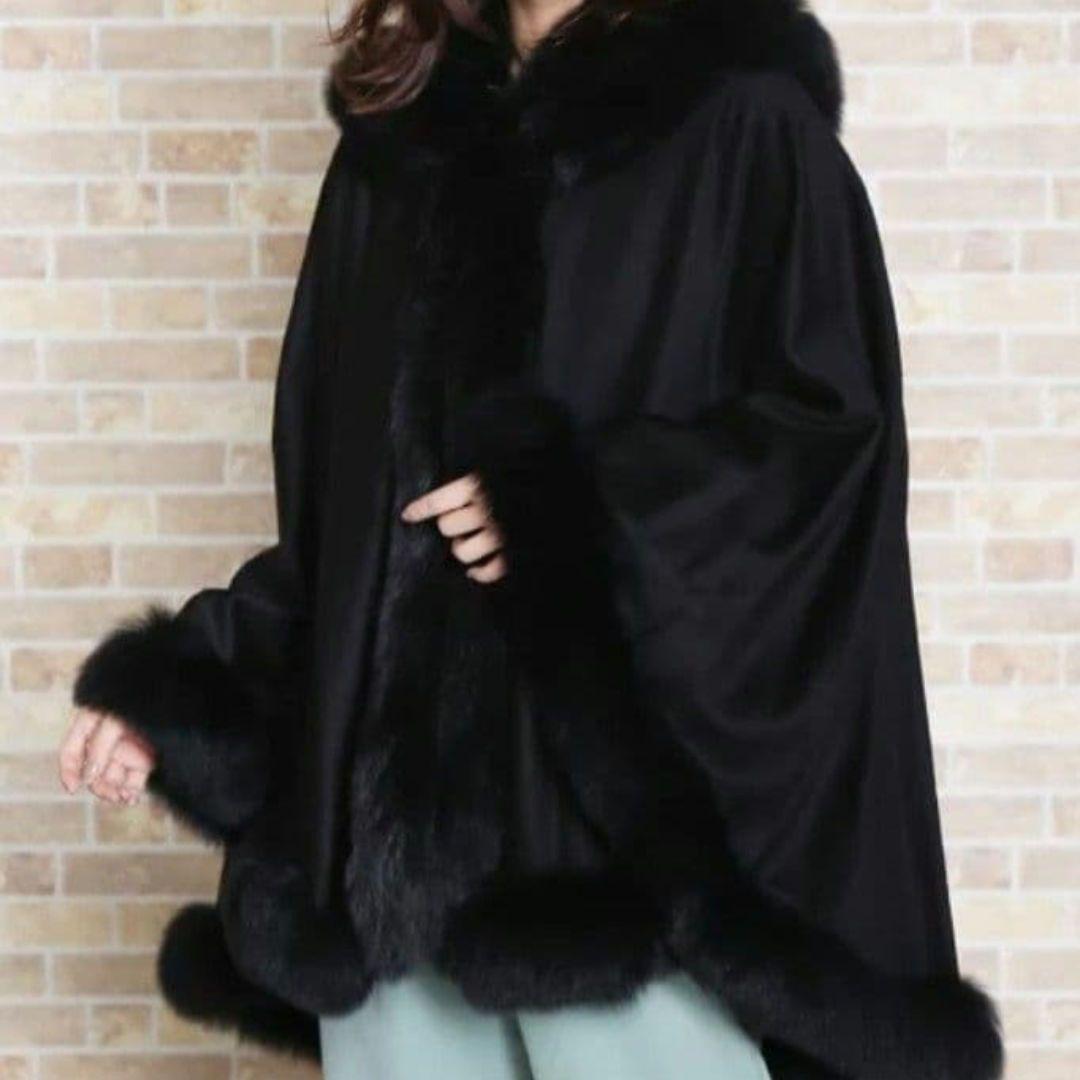 極美品 ツカキ ポンチョ カシミヤ100% ケープ 黒 フォックスファー 日本製