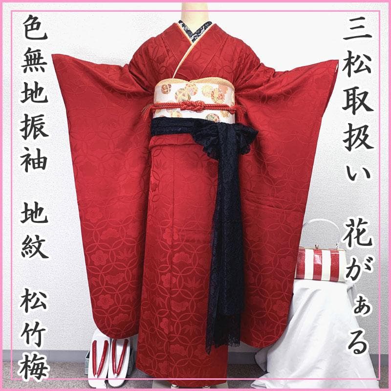 509z20〇三松取扱い 花がぁる 色無地振袖 地紋 松竹梅 赤〇成人式 結婚式